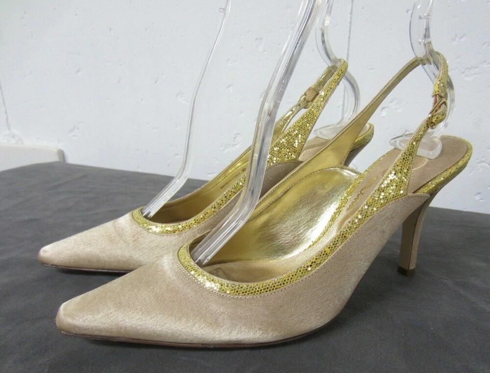 Nina Champagne Satin Gold Glitter Sparkle Slingback Evening Cocktail Heels 7.5M